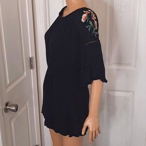Love, Fire Mid-Length Sleeve Black Romper Shorts with Embroidered Floral Design